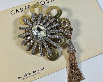Upcycled vintage collage brooch bling rhinestone tassel loops spider