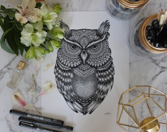 Owl art print A4 and A3 - zentangle - wall art - home decor