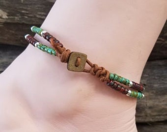 Beaded Leather Wrap Anklet Ankle Bracelet Seed Bead Leather Wrap Ankle Bracelet Bohemain Jewelry Beach Jewelry