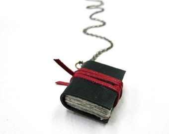 Black Leather book necklaces, Book pendant, leather journal, jewelry, mini diary, miniature journal, hand made, paper goods
