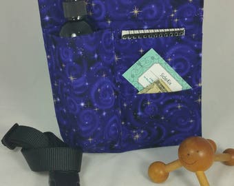 Massage therapy single 8oz bottle 2 pocket LEFT hip holster, Purple Galaxy, black belt