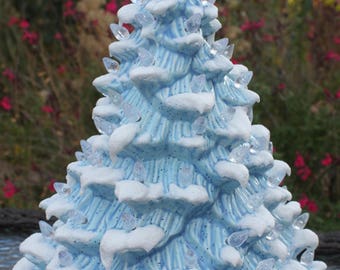 12 1/2" Ceramic Christmas Tree Lighted, Just Like Grandma/Mom's Blue Tree with Snow #1211