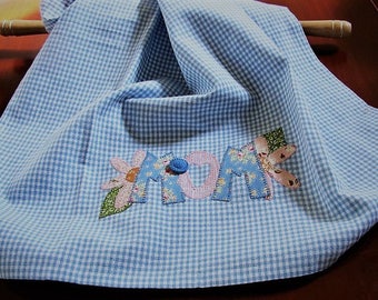 Mom Kitchen Towel | Gift for Mom | Tea Towel | Appliqued Mom - Flowers | Antique Button | Blue White Mini Check Towel | Mother's Day Gift