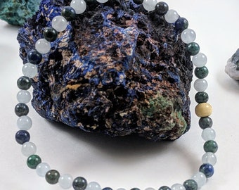 Azurite Malachite and Aquamarine 4 mm beaded stretch bracelet, Crystal Healing, Zen, Stacking bracelets