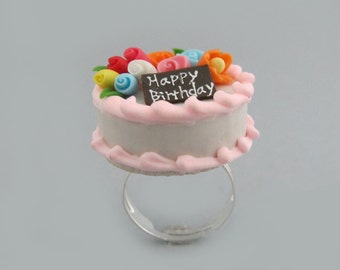 Happy Birthday Cake, Miniature Food Ring - Miniature Food Jewelry, Adjustable Ring, RG-0017