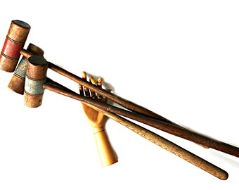 antique croquet mallets ( 3 ) instant collection, outdoor lawn sports, game room decor, wooden mallets, country decor, patio decor