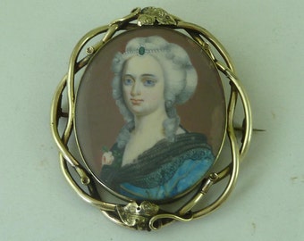 Victorian Hand Painted Portrait Miniature Brooch Pinchbeck MOP Gold Frame Antique