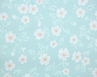 1930s Vintage Wallpaper by the Yard - Floral Wallpaper with Pink Flowers on Light Blue