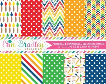 80% OFF SALE Art Party Digital Paper Pack Commercial Use Digital Scrapbook Paper with Paint Brushes Polka Dots Chevron & Stripes in Primary