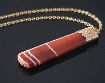 Victorian Banded Agate Fob Pendant | 9ct Gold Capped Agate Drop Necklace | Antique Jewelry | Banded Carnelian, Brick Red - 24 Inch Chain