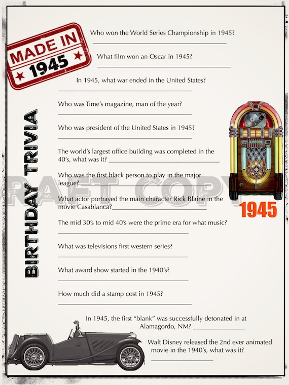 Scavenger Hunt List >> Birthday Trivia Game 1945 60th 50th 70th Birthday Parties Scavenger Hunt List >> Birthday Trivia Game 1945 60th 50th 70th Birthday Parties