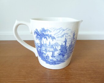 Large blue transferware one quart measuring cup or batter bowl, Royal Crownford Arthur Wood Safe Harbour
