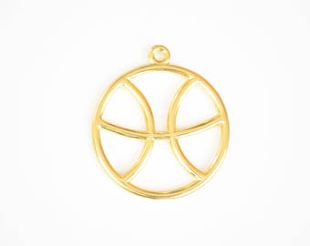 Pisces Charm, Gold Pisces Zodiac Pendant, Round Horoscope Charm (206G)
