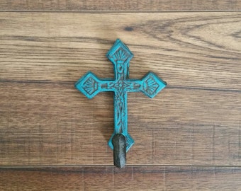 Rustic Chic Cross Hook, French Country Turquoise Cross, Fleur De Lis Cast Iron Cross, Coat Hook