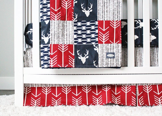 Woodlands Crib Bedding Navy Deer Red and Navy Blue Baby
