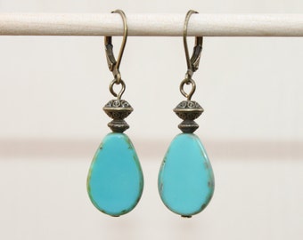 Turquoise Earrings Dangle Earrings Drop Earrings Czech Glass Earrings Brass Earrings Christmas Gift For Her Gift For women