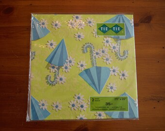 Mod Vintage Shower Wrapping Paper - Vintage Wedding Shower Baby Shower Gift Wrap - 1960's Groovy Blue Umbrellas Shower Gift Wrapping Paper
