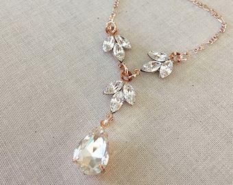 Crystal leaf necklace, Swarovski, rhinestone leaf necklace, rose gold, wedding necklace, delicate, bridal, bridesmaid gift, leaf, leaves