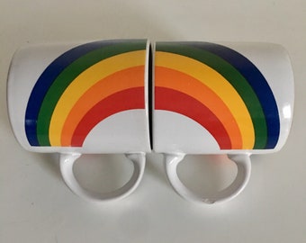 Vintage Rainbow mugs / Pair of 80's Rainbow mugs /Rainbow coffee cups