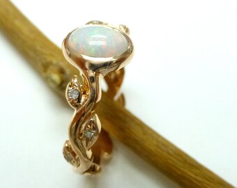 Opal engagement ring. Opal diamond ring. 14k yellow gold leaf ring with opal.