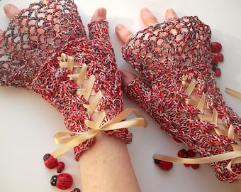 Crocheted Cotton Gloves L Ready To Ship Victorian Fingerless Summer Women Wedding Lace Evening Hand Knitted Party Multicolor Corset B69
