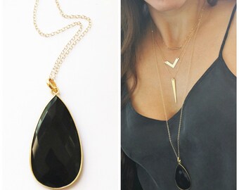 Long Necklace, Long Pendant Necklace, Long Layering Boho Necklace Long Stone Necklace, Layering Necklace, Teardrop Pendant Gold Necklace
