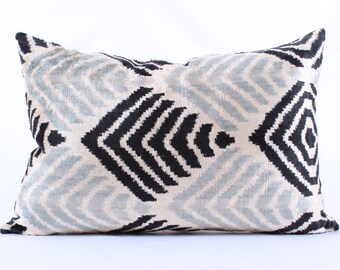 Ikat, Velvet, Pillow Cover, Uzbek, Soft, Ikat, Black, Grey Pillow, Velvet Pillow, Decorative Throw Pillow Cover, Accent Velvet,