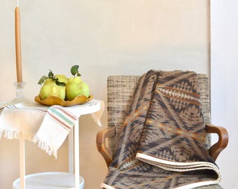 Wool Blanket Native American Design Earthy Gray & Brown Lightweight Throw
