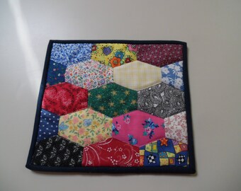 Scrappy elongated hexagon snack mat, candle mat, mug rug