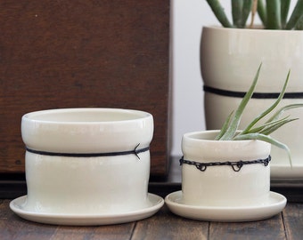Medium Porcelain Planters with Black Linen