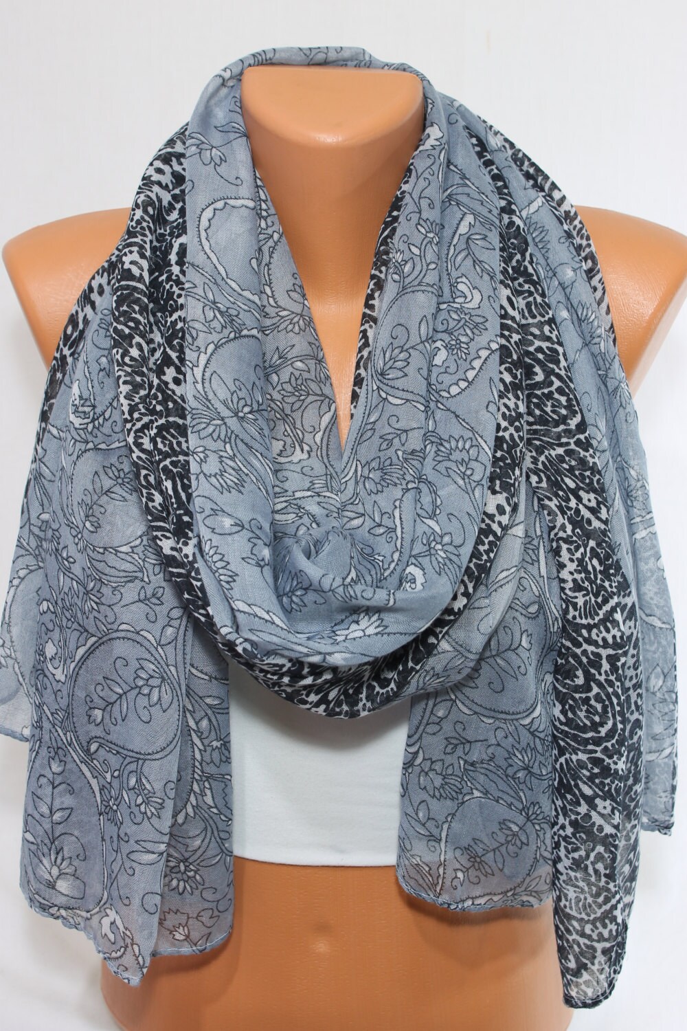 Gray Black Floral Scarf Lightweight Floral Print Scarf