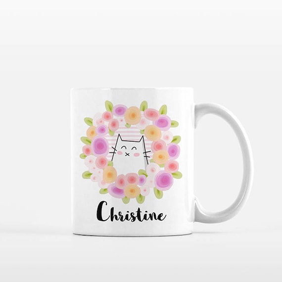 Floral Cat Personalized Mug Custom Name Wreath Girly Mug Personalized Gift for Her Cute Unique Coffee Mug Gift for Women Sister Friend Mom
