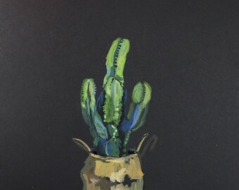 San Pedro Cactus in a Basket Houseplant Gouache Painting