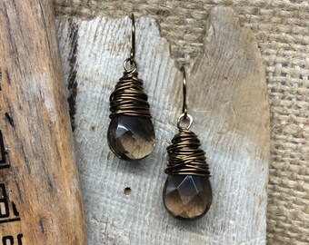 Smoky Wire Wrapped Earrings Faceted Czech Glass Antique Bronze 1.99 Shipping USA