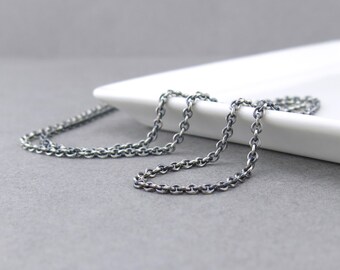 Sterling Silver Chain Necklace 2.4mm Cable Oxidized Heavy Weight Silver Necklace Chain Interchangeable for Add On Pendants and Charms