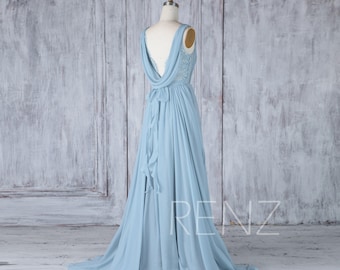 Bridesmaid Dress Dusty Blue Chiffon Dress,Wedding Dress,Lace Illusion Boat Neck Ruched Maxi Dress,Cowl Back Ruffle Prom Dress(H537)
