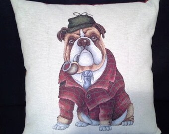 English Bulldog version pattern cushion on beige background 7074