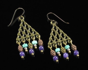 Boho Chandelier Earrings, Tribal Boho Earrings, Boho Jewelry, Gypsy Dangle Earrings, Brass Earring, Niobium earrings, Jewelry Gift for Women