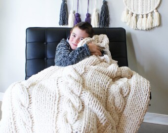 DIY Knitting PATTERN - Triple Cable Throw Blanket / Rug 49" x 64" (2015014)