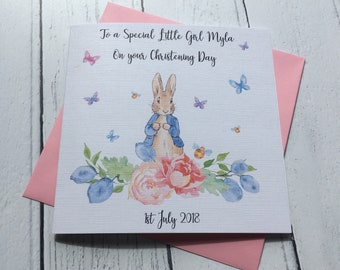 Personalised Girls Peter Rabbit Christening card ~ Granddaughter ~ Goddaughter ~ Niece ~ Cousin ~ Daughter