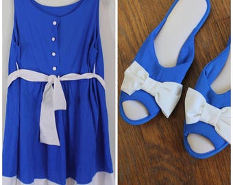 Vintage 1960s Nightie and Slipper Set - Fabulous Cobalt Blue and White 60s Lingerie Set - Size Small