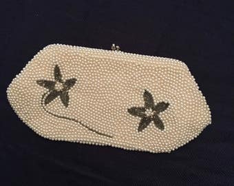 White Floral Beaded Clutch