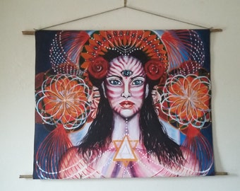 Seri-Ku-a*,wall-hanging fabric with bamboo sticks,ethnic,visionary art,spirituality