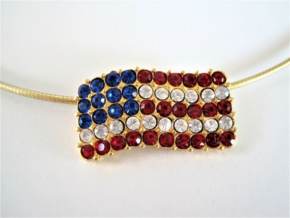 Red White Blue Flag Necklace, Patriotic Choker, Rhinestone Flag Pendant, Patriotic Necklace