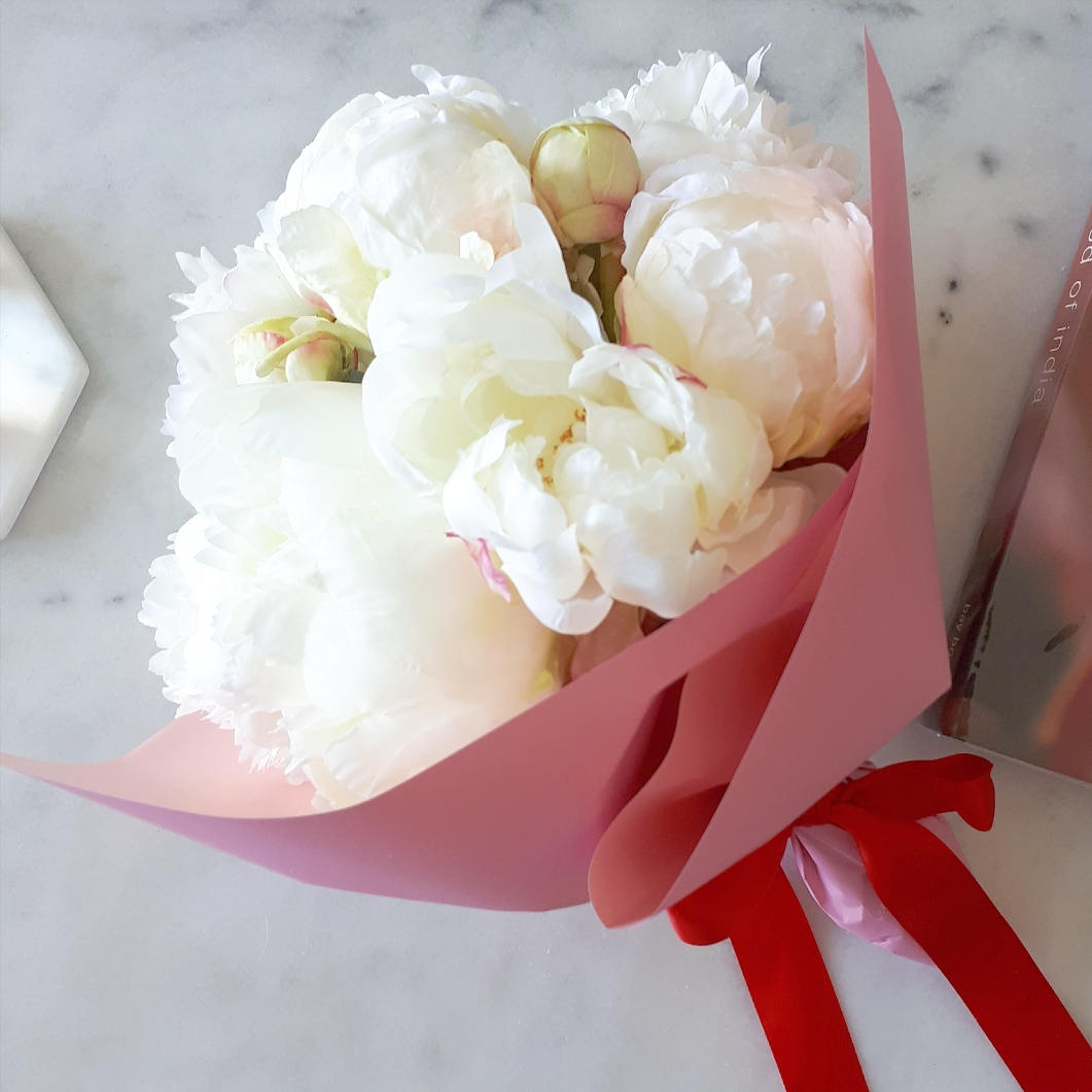 White silk peonies arrangement bouquet flowers wedding gift