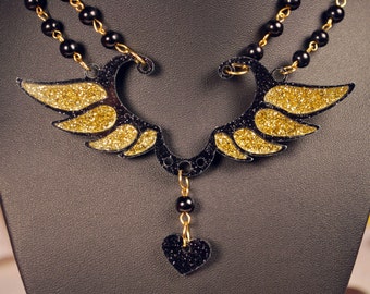 Acrylic Black and Gold Wing Necklace and Hairclip set
