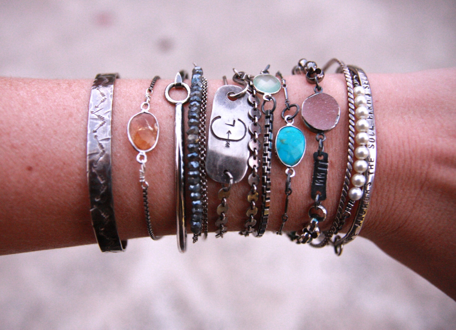 Arm Candy Antiqued Sterling gemstone stacking bracelets