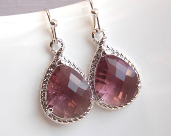 Plum Earrings, Glass Earrings, Silver, Drop, Dangle, Eggplant, Bridesmaid Jewelry, Wedding Jewelry, Bridesmaid Earrings, Bridesmaid Gift