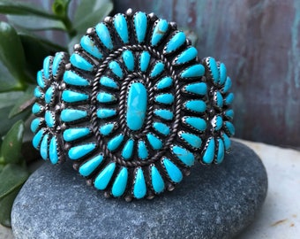 Exquisite vintage Turquoise and Sterling petit point cluster cuff