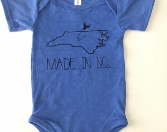 Made in NC, Size 3-6 months, heathered blue with black print, screen printed one-piece/romper, North Carolina